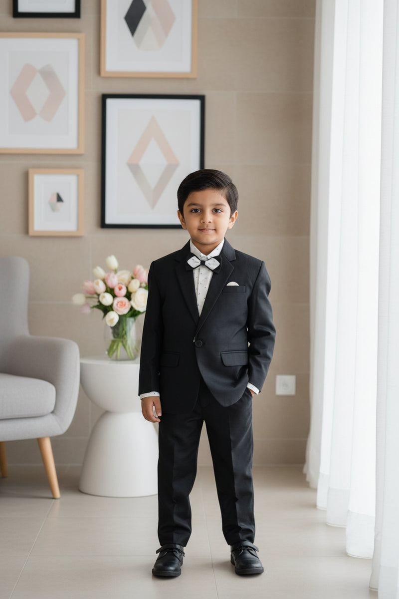 It is a charcoal black Colored self-checked coat with matching Pants paired up with a beautiful cream-coloured printed shirt. It comes with a matching bow of the same fabric as the coat