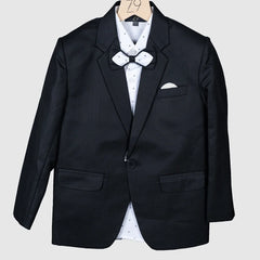 It is a charcoal black Colored self-checked coat with matching Pants paired up with a beautiful cream-coloured printed shirt. It comes with a matching bow of the same fabric as the coat