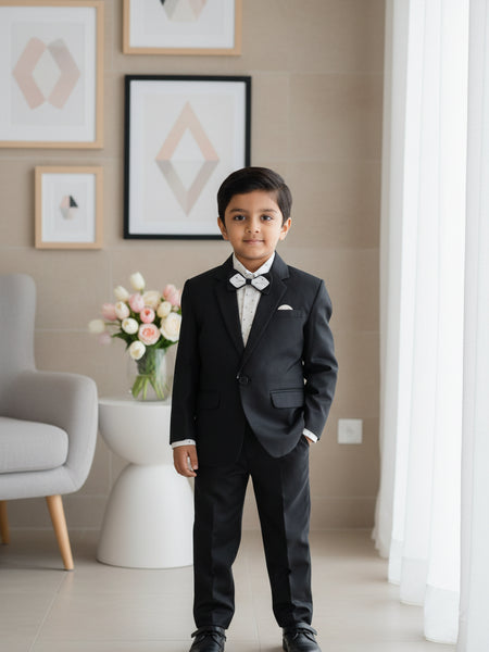It is a charcoal black Colored self-checked coat with matching Pants paired up with a beautiful cream-coloured printed shirt. It comes with a matching bow of the same fabric as the coat