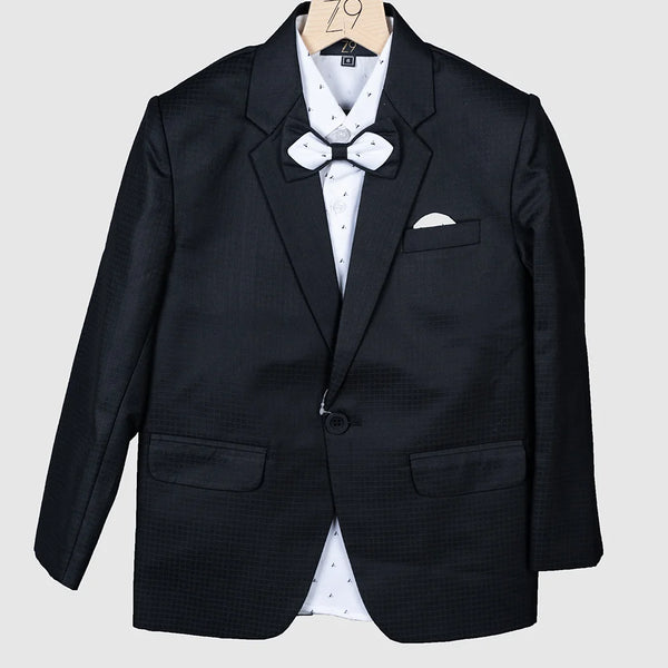 It is a charcoal black Colored self-checked coat with matching Pants paired up with a beautiful cream-coloured printed shirt. It comes with a matching bow of the same fabric as the coat