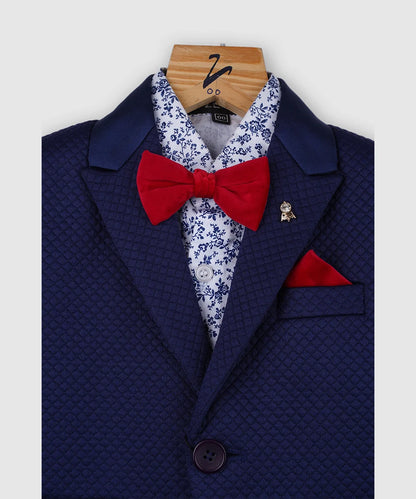 Self-Textured Navy Coat Suit with Printed Shirt