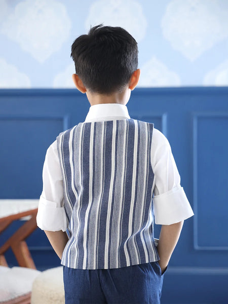 back view of printed waist coat suit set for boys 