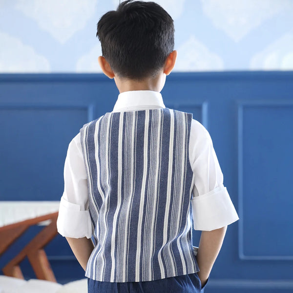 back view of printed waist coat suit set for boys 
