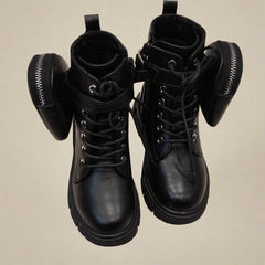 Kids' trendy black utility boots for girls featuring buckle, side zipper, and chunky sole, Jaipur