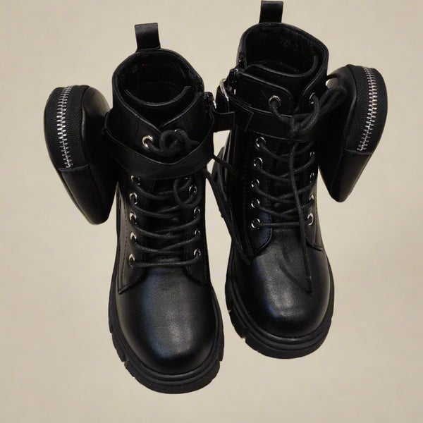 Kids' trendy black utility boots for girls featuring buckle, side zipper, and chunky sole, Jaipur