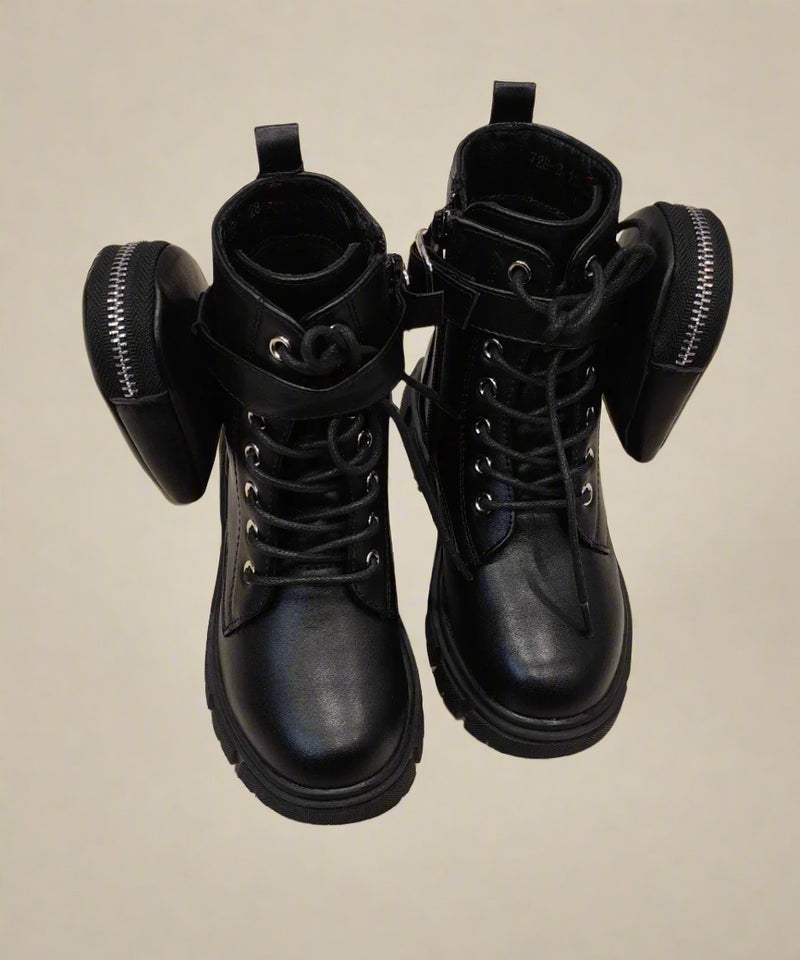 Kids' trendy black utility boots for girls featuring buckle, side zipper, and chunky sole, Jaipur