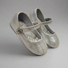 Silver sparkle Mary Jane flats for girls with flower strap detail, Jaipur, ages 1–8 years