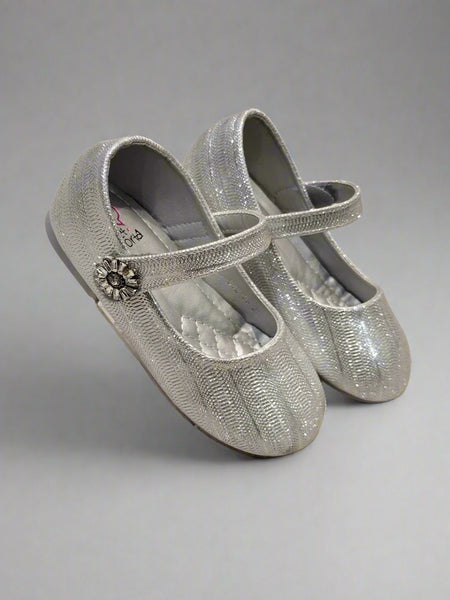 Silver sparkle Mary Jane flats for girls with flower strap detail, Jaipur, ages 1–8 years