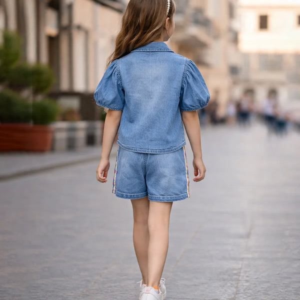 Child wearing a denim outfit walking on a city street.