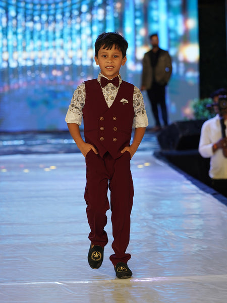 formal wear maroon waist coat suit set for boys