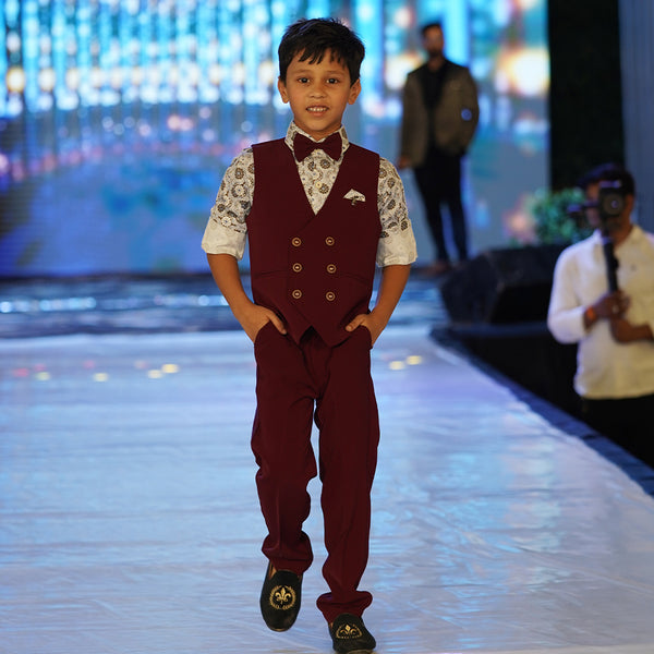 formal wear maroon waist coat suit set for boys
