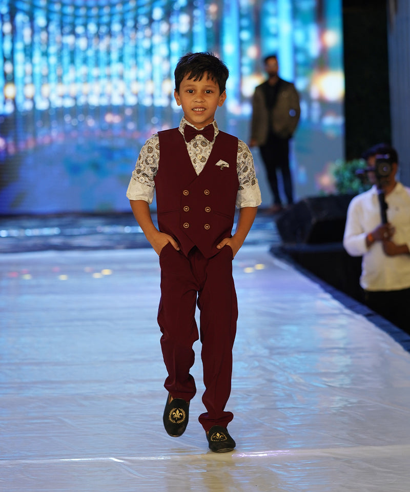 formal wear maroon waist coat suit set for boys