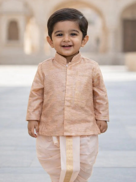 Child wearing a traditional outfit with a blurred architectural background