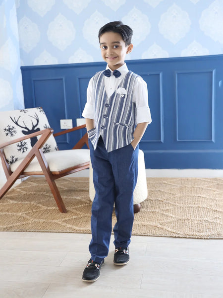 This white and blue coloured boys party clothes set consists of a smart waistcoat, matching pants and a white Coloured shirt.