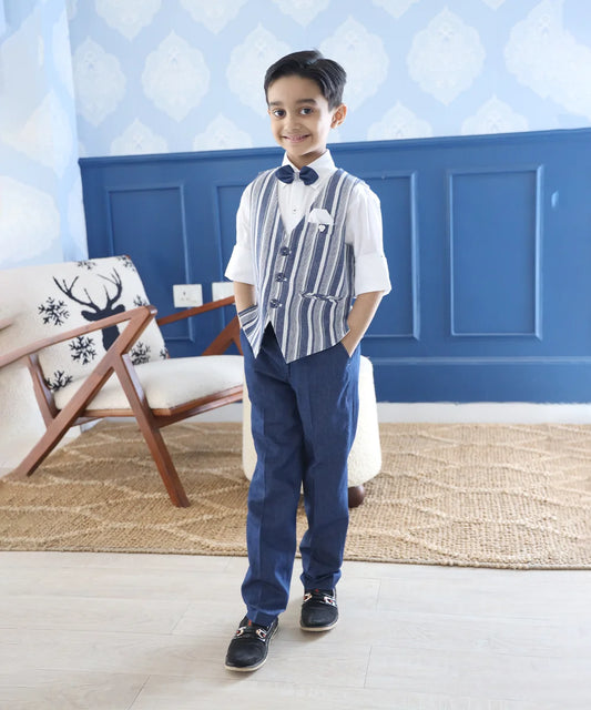 This white and blue coloured boys party clothes set consists of a smart waistcoat, matching pants and a white Coloured shirt.