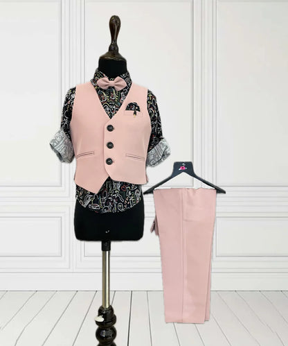Peach Color  Waist Coat Set with Printed Shirt For Boys