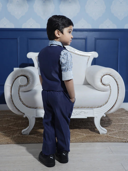 back view of navy blue waist coat suit set for boys