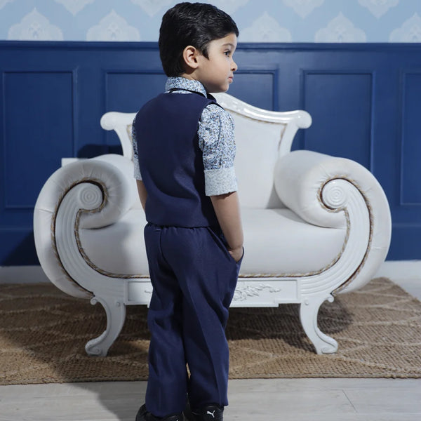 back view of navy blue waist coat suit set for boys