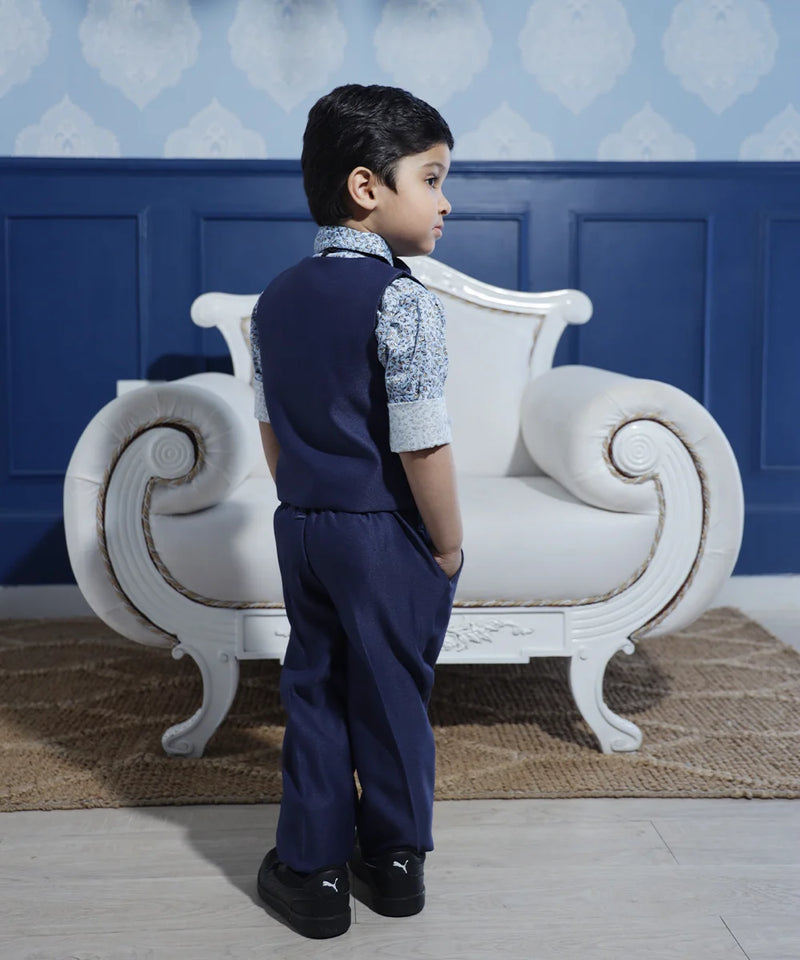 back view of navy blue waist coat suit set for boys