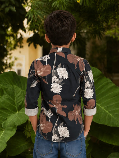 Boys Black Floral Printed Shirt