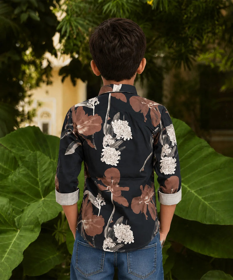 Boys Black Floral Printed Shirt