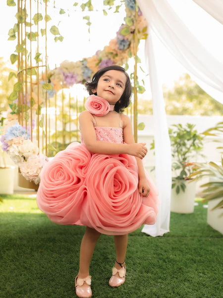 It’s a beautiful peach coloured designer frock with a Big Rose Silhouette and a back zip closure.