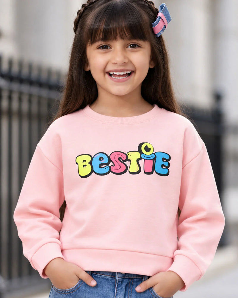 Girls' pink Bestie print full sleeve crop top, front view, by Devils N Angels Jaipur