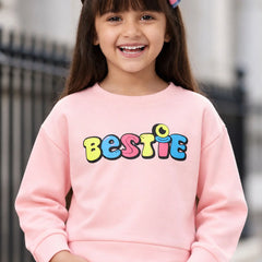 Girls' pink Bestie print full sleeve crop top, front view, by Devils N Angels Jaipur