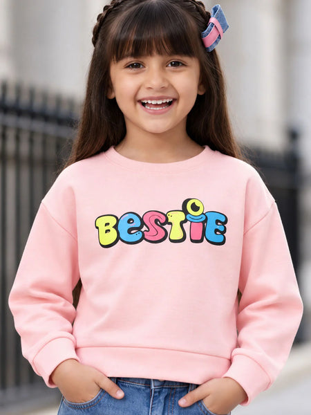 Girls' pink Bestie print full sleeve crop top, front view, by Devils N Angels Jaipur