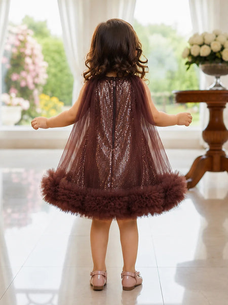Child wearing a sparkly dress with feathered hem in a bright room.