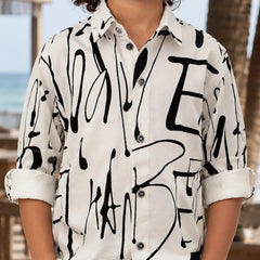 Boys White & Black Printed Shirt