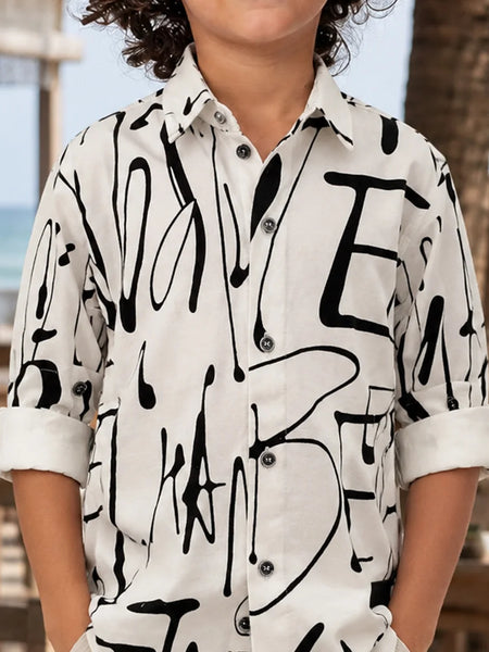 Boys White & Black Printed Shirt