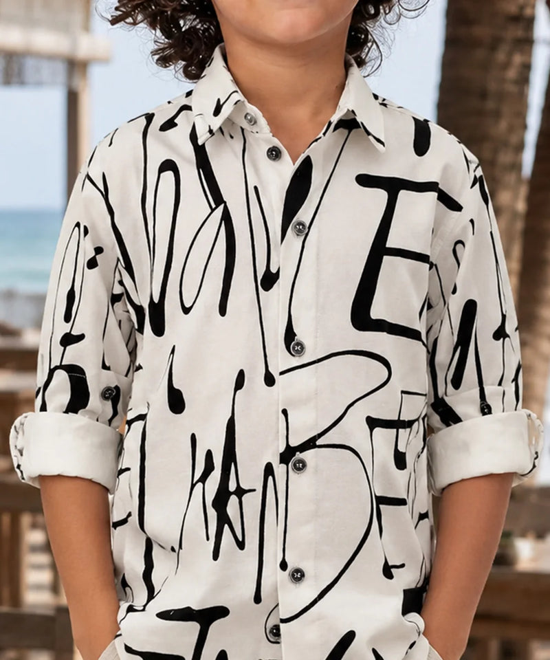 Boys White & Black Printed Shirt