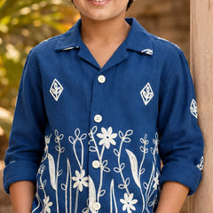 Boys Blue Party Wear Embroidered Shirt