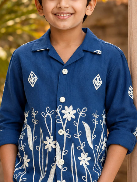 Boys Blue Party Wear Embroidered Shirt