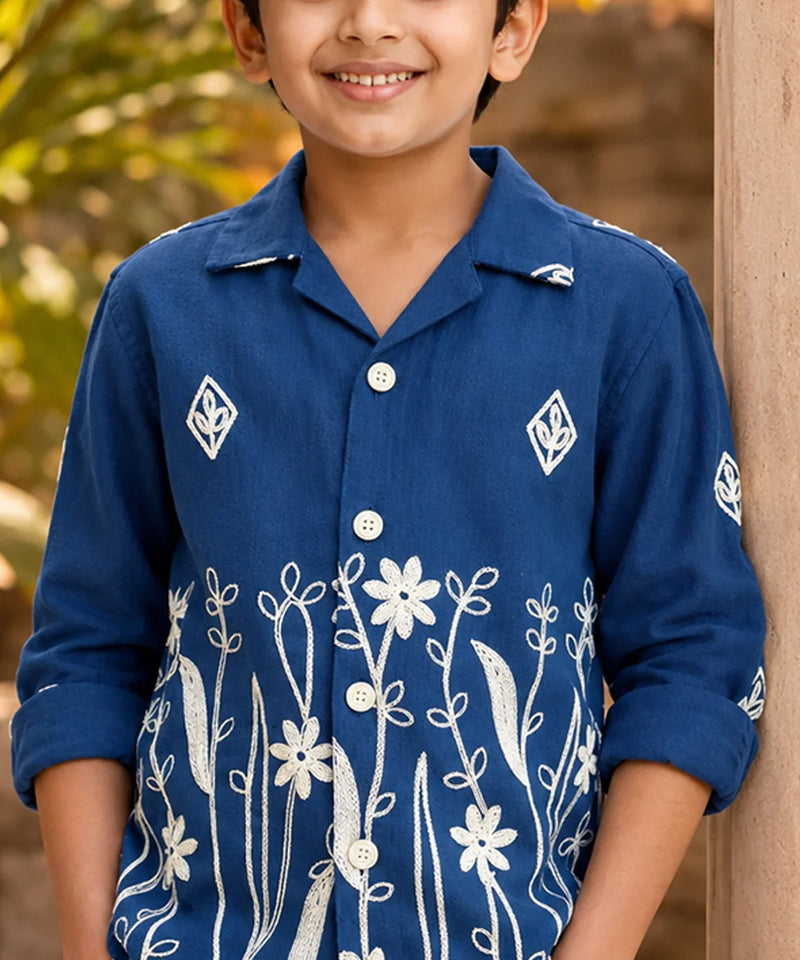 Boys Blue Party Wear Embroidered Shirt