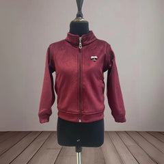 It is a maroon Colored self-striped jacket that comes with cute broach detailing. It is the best kids wear.