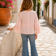 Girls Blush Pink Tiered Ruffle Sleeve Top