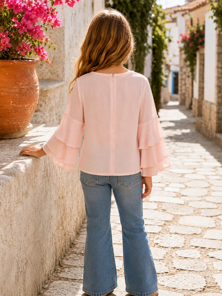 Girls Blush Pink Tiered Ruffle Sleeve Top