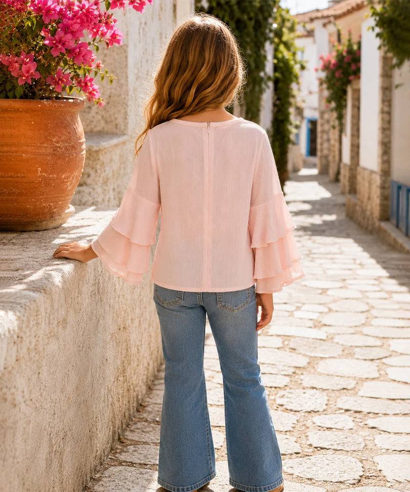 Girls Blush Pink Tiered Ruffle Sleeve Top