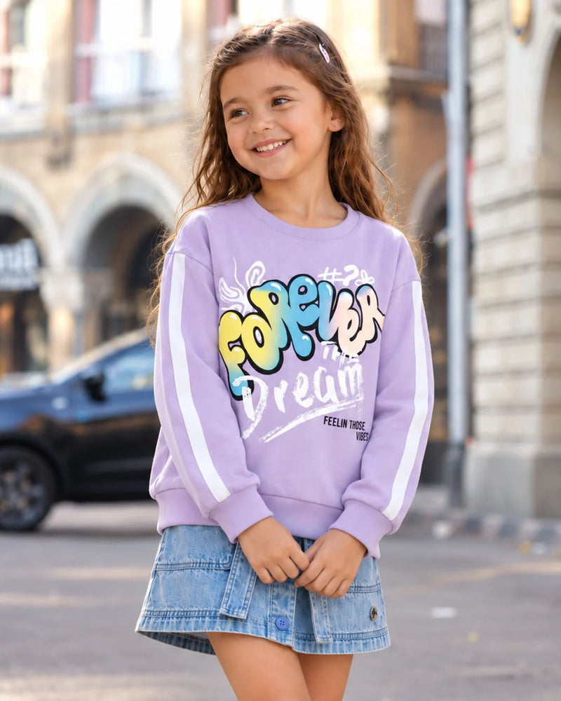 Girls' Forever purple printed full sleeve crop top, front view, by Devils N Angels Jaipur