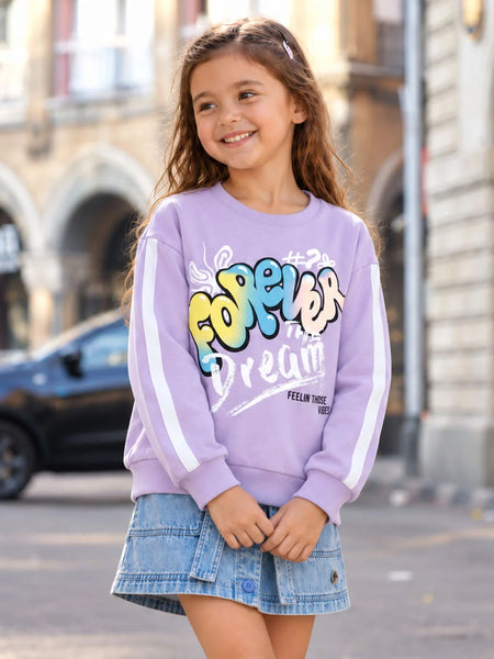 Girls' Forever purple printed full sleeve crop top, front view, by Devils N Angels Jaipur