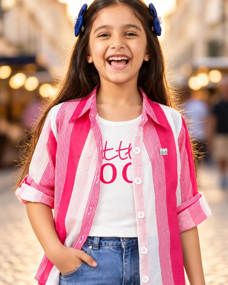 Girls' pink striped full sleeve open shirt with white sleeveless T-shirt, front view, by Devils N Angels Jaipur