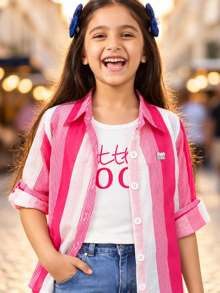Girls' pink striped full sleeve open shirt with white sleeveless T-shirt, front view, by Devils N Angels Jaipur