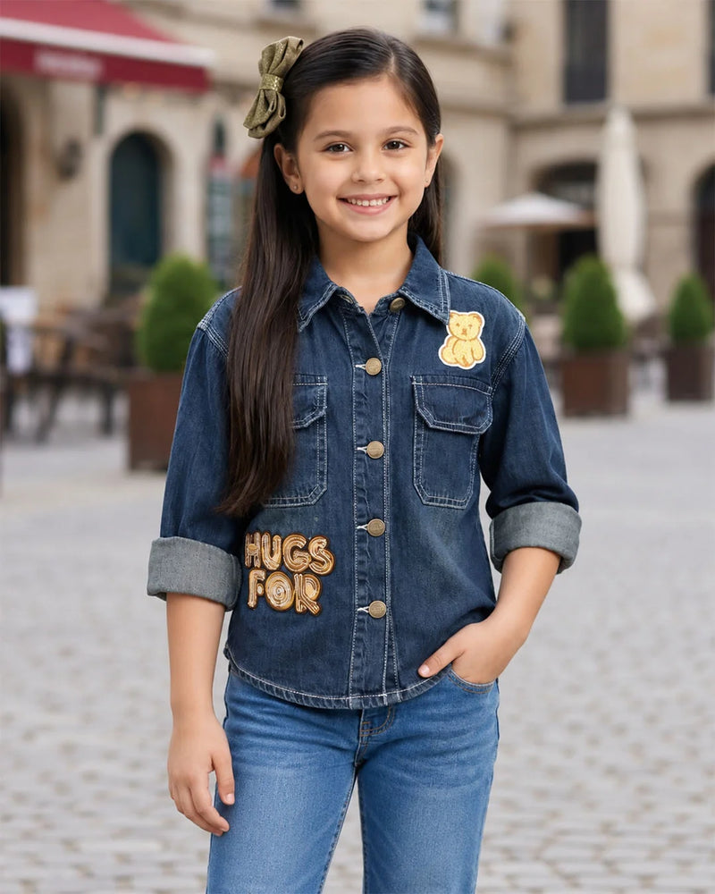 Girls' blue denim shirt style top, front view, by Devils N Angels Jaipur