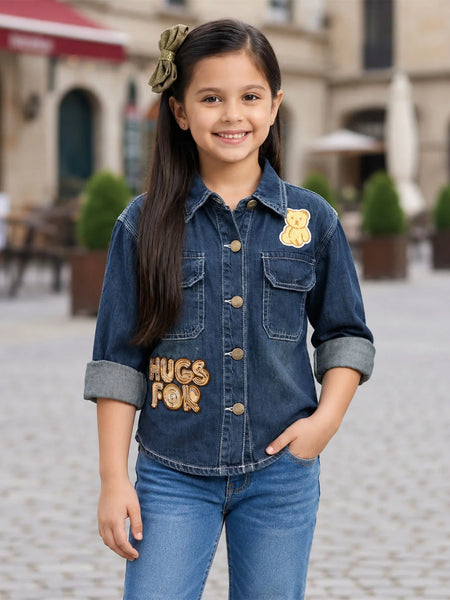 Girls' blue denim shirt style top, front view, by Devils N Angels Jaipur