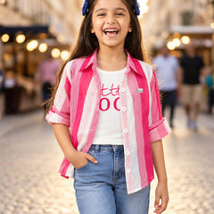 Girls' designer pink striped shirt and white tee set, Devils N Angels Jaipur, view 2