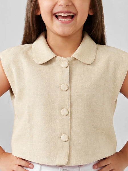 Girls Solid Beige Sleeveless Shirt Top