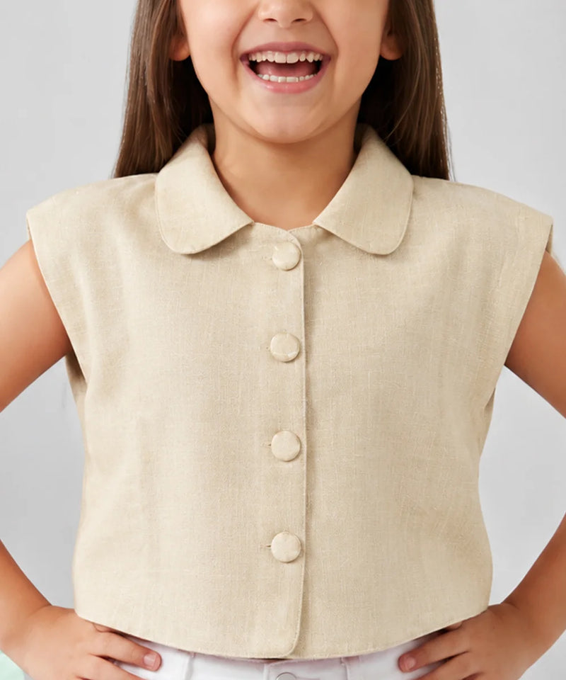 Girls Solid Beige Sleeveless Shirt Top