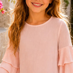 Girls Blush Pink Tiered Ruffle Sleeve Top